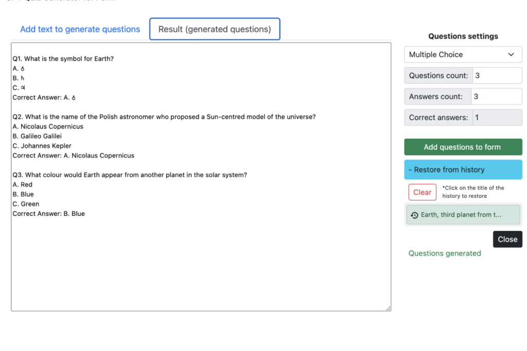 GPT Quiz Generator for Forms™, Chat GPT test. Quiz builder